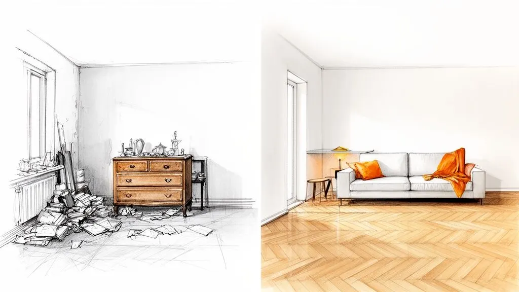 Due disegni che mostrano una stanza prima e dopo l'arredamento: da disordinata a moderna ed elegante.