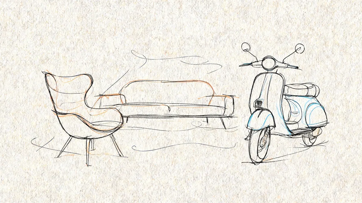 Uno schizzo artistico che mostra una poltrona di design, un divano e uno scooter vintage in stile retrò.
