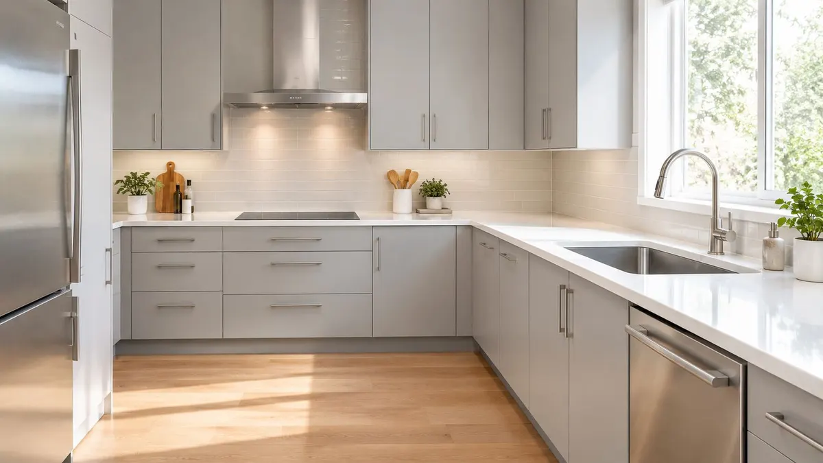 Una moderna cucina luminosa con mobili grigi, elettrodomestici in acciaio inox e pavimenti in legno chiaro.