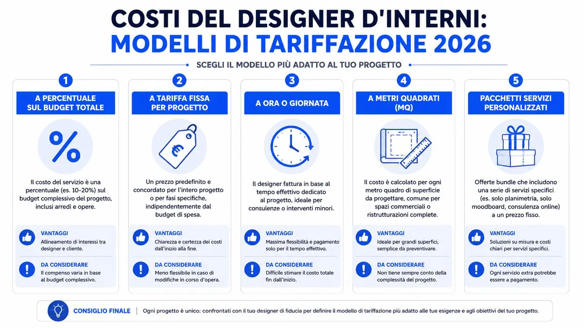 Infografica che illustra i cinque modelli principali di tariffazione per i servizi di un interior designer.