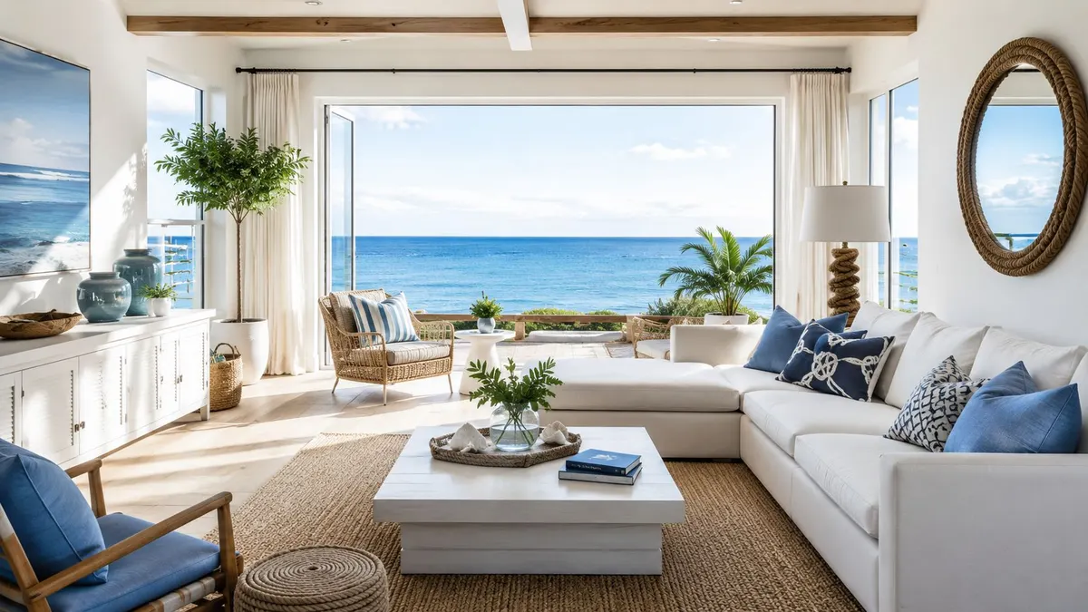 Luminoso soggiorno costiero con vista sull'oceano, arredato con divani bianchi e tocchi decorativi blu marino.