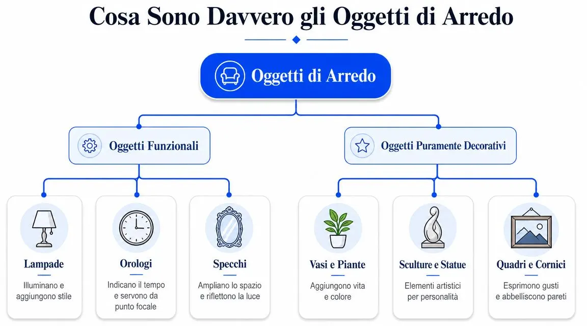 Un diagramma che illustra la classificazione degli oggetti di arredo tra funzionali e puramente decorativi.