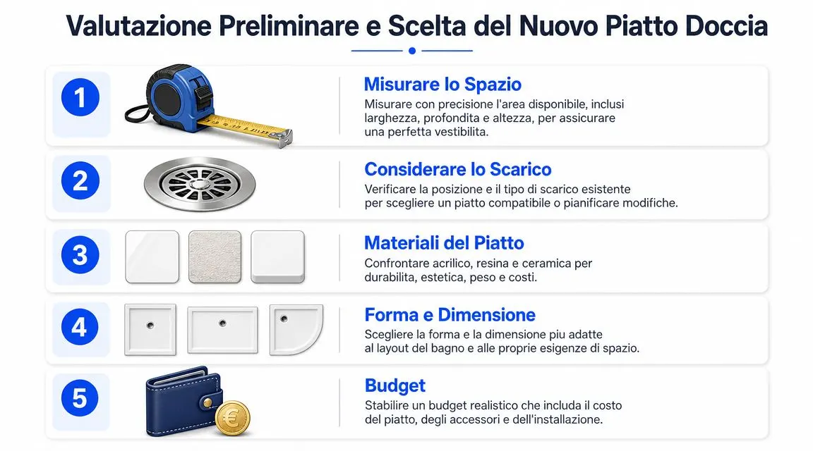 Infografica con cinque passaggi fondamentali per valutare e scegliere correttamente un nuovo piatto doccia per il bagno.