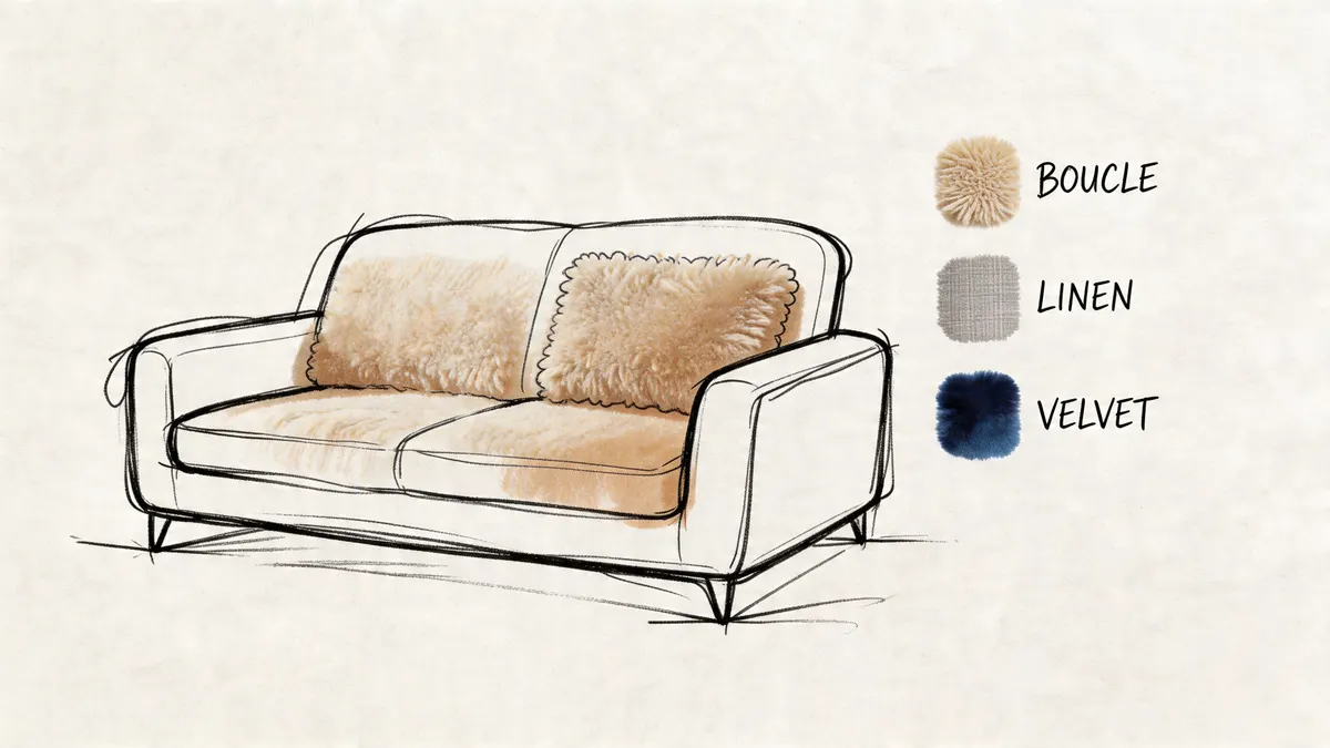 Un bozzetto artistico di un divano moderno con opzioni di tessuto personalizzabili come bouclé, lino e velluto.