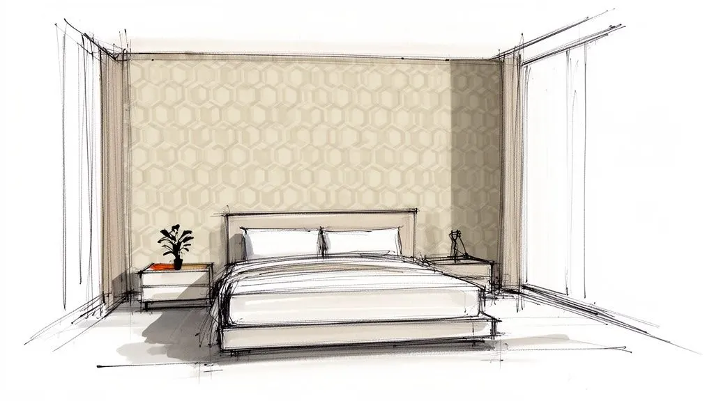 Schizzo dettagliato di una camera da letto moderna con pareti in carta da parati geometrica e arredi eleganti.
