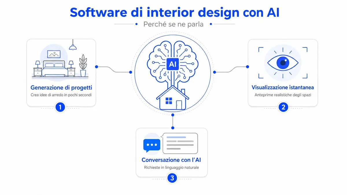 Schema grafico che illustra i vantaggi dell'intelligenza artificiale applicata ai software di progettazione d'interni moderna.