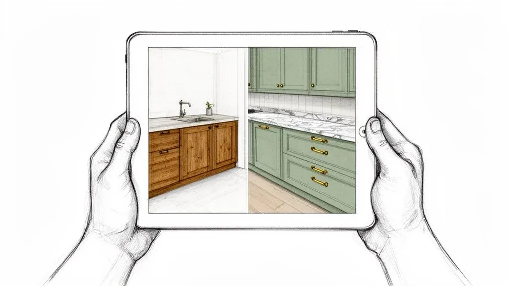Mani disegnate tengono un tablet che mostra due rendering di cucine: una in legno rustico e una moderna verde.