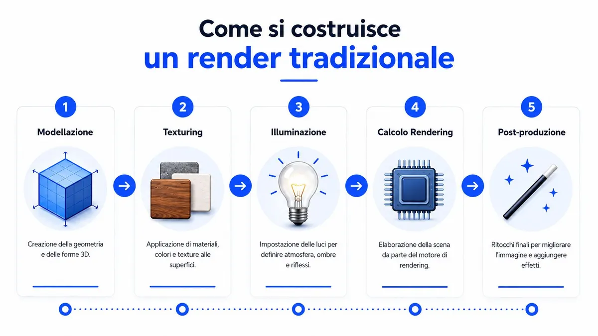 Un diagramma in cinque passaggi che spiega il processo di creazione di un render 3D tradizionale.