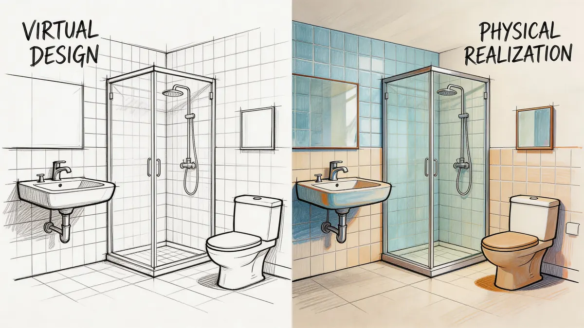 Confronto visivo tra un disegno tecnico in bianco e nero e la realizzazione a colori di un bagno.