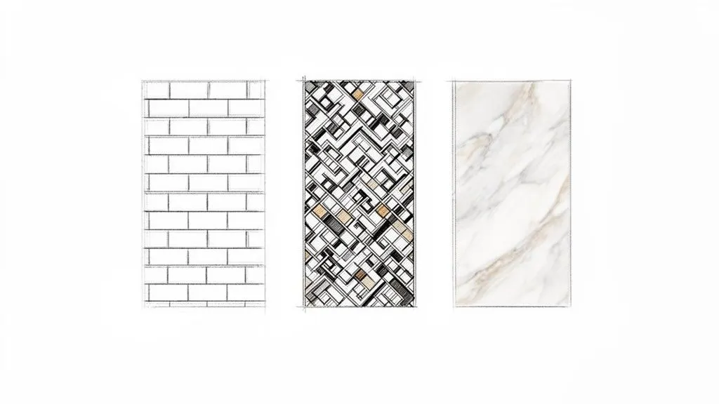 Tre campioni di texture e motivi diversi: un disegno a mattoni, un motivo geometrico astratto e una lastra di marmo bianco venato.
