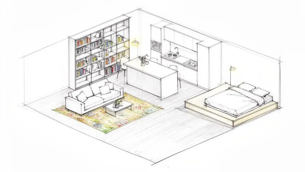 Schizzo isometrico di un appartamento open space con zona giorno, cucina e letto matrimoniale su pedana.