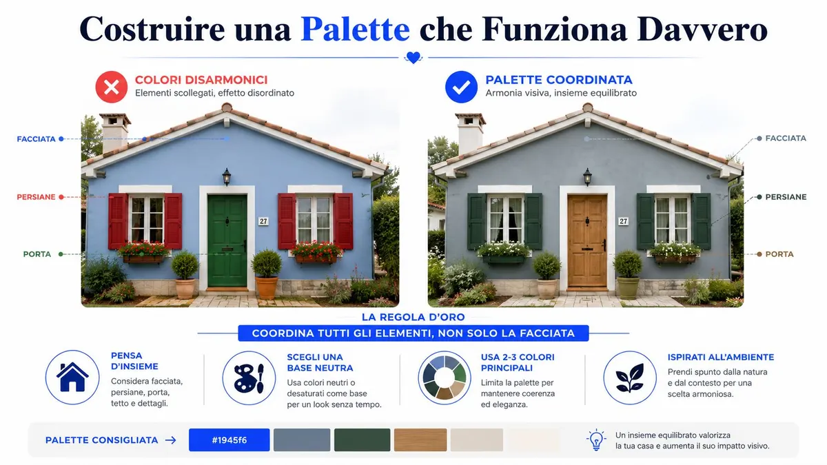 Confronto tra colori di casa disarmonici e una palette coordinata per migliorare l'estetica esterna dell'edificio.