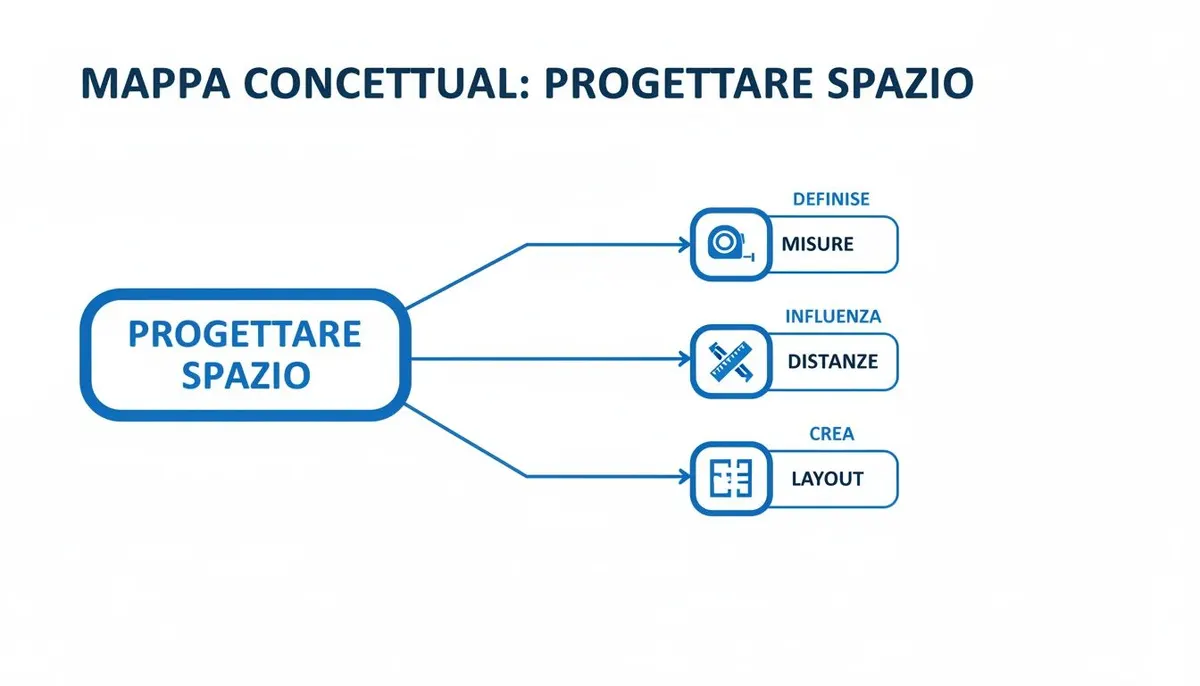 Mappa concettuale che illustra come progettare lo spazio definendo misure, influenzando distanze e creando layout.