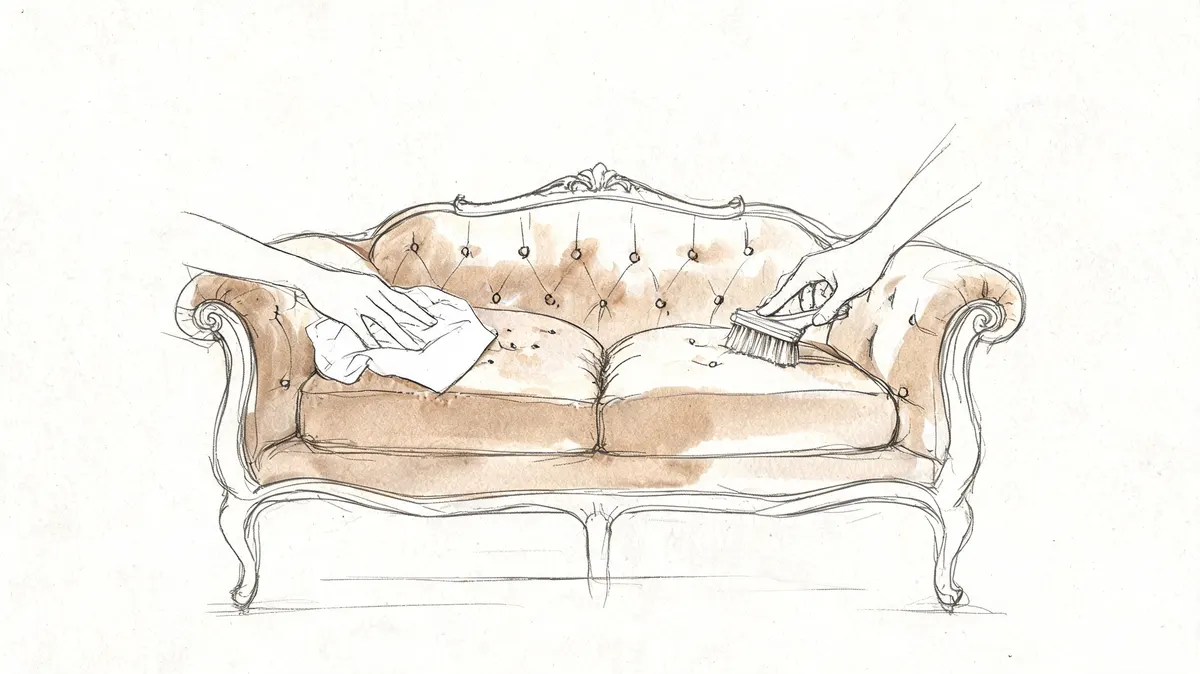 Illustrazione artistica che mostra una persona intenta a pulire un elegante divano imbottito con panno e spazzola.