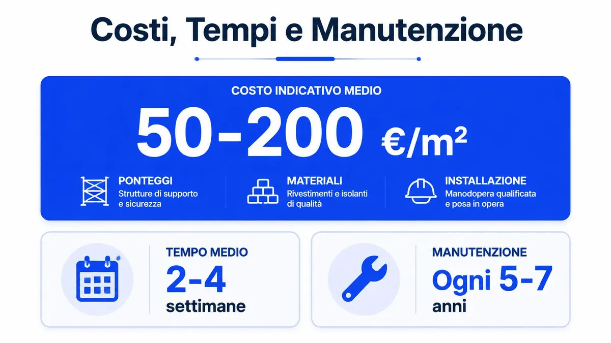 Infografica che mostra i costi medi, i tempi di esecuzione e la manutenzione per rinnovare facciata casa.