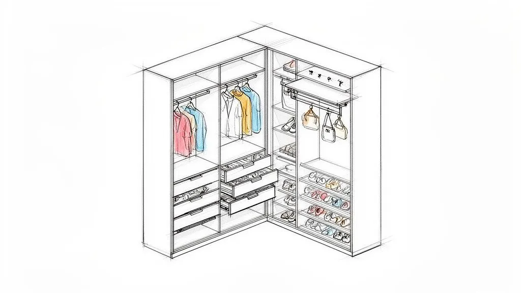 Rendering isometrico dettagliato di un armadio ad angolo moderno, con vestiti appesi, cassetti aperti, scarpe e borse organizzate.