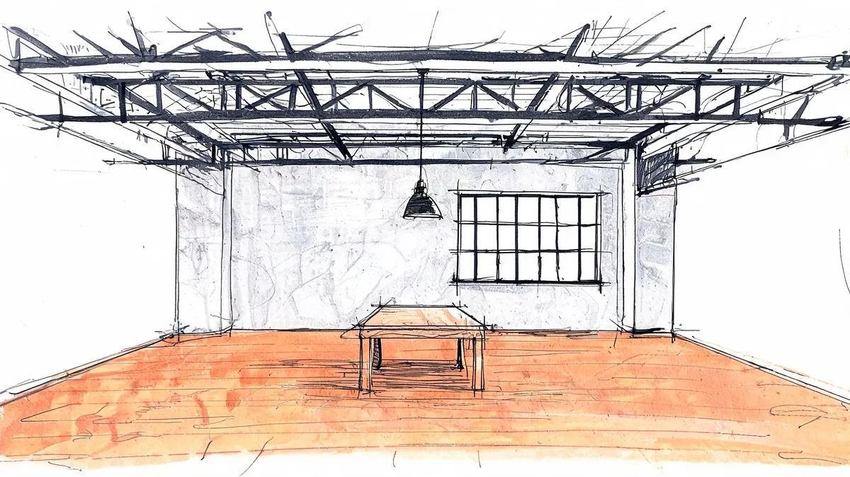 Disegno artistico di uno spazio industriale moderno con pavimento in cotto e soffitto a vista in ferro.