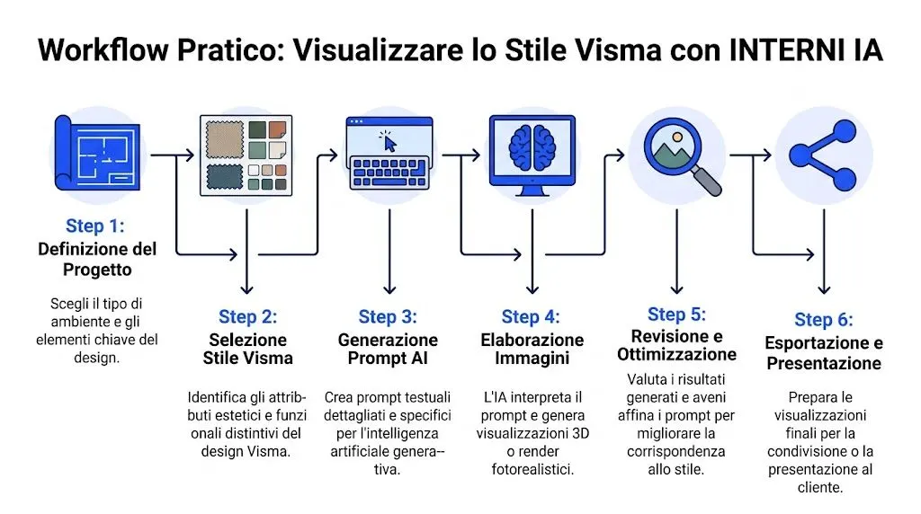 Diagramma infografico che illustra il workflow in sei passaggi per visualizzare il design d'interni utilizzando l'intelligenza artificiale.