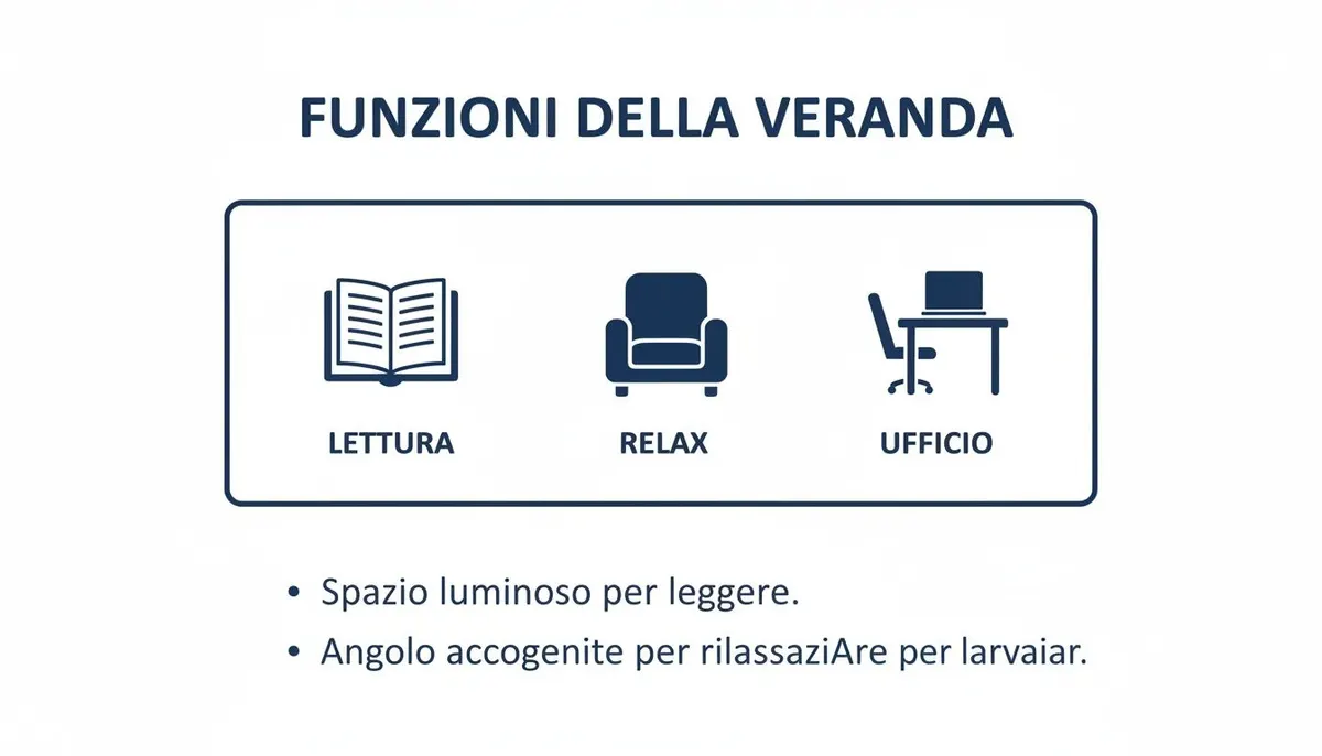Icone e testo che descrivono le molteplici funzioni di una veranda: come spazio lettura, area relax e ufficio domestico.