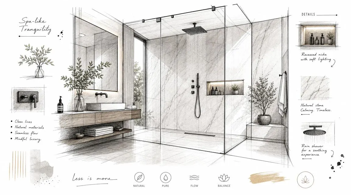 Schizzo architettonico di un bagno moderno con doccia walk-in, materiali naturali e design minimalista ispirato alla spa.