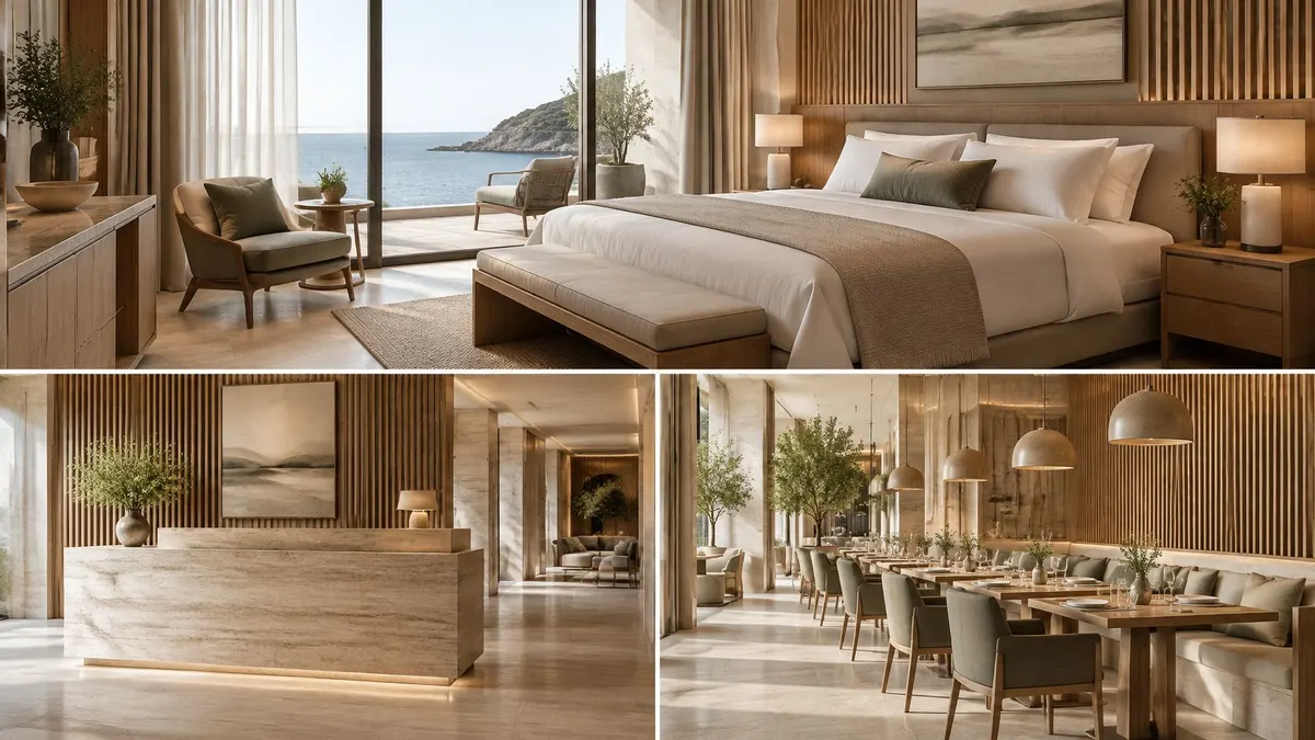 Interni di un hotel di lusso con viste panoramiche sul mare, area accoglienza elegante e sala ristorante raffinata.
