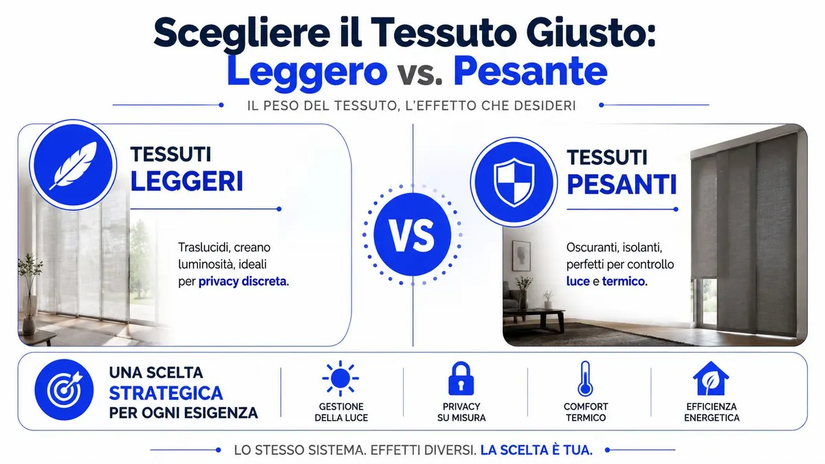 Confronto tra tende a pannello in tessuto leggero e pesante per la gestione della luce e privacy.