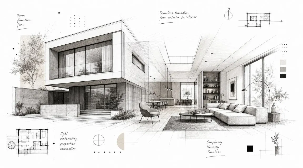 Schizzo architettonico dettagliato di una moderna villa di design con interni luminosi e spazi aperti e fluidi.
