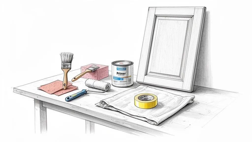 Strumenti da pittura su un tavolo: pennelli, rullo, carta vetrata, primer e nastro adesivo accanto a un'anta di mobile.