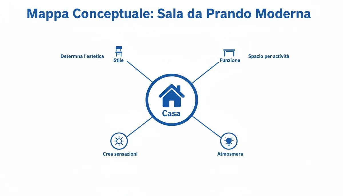 Mappa concettuale che esplora i fattori chiave per una sala da pranzo moderna: stile, funzione, sensazioni e atmosfera della casa.