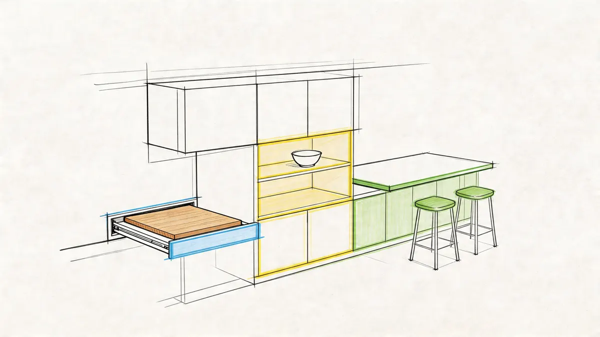 Disegno artistico di una cucina con isola, cassetto estraibile in legno e sgabelli colorati moderni.