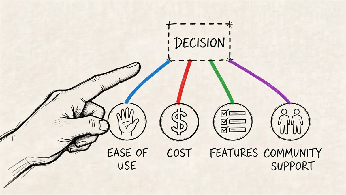 Una mano che punta verso un grafico concettuale che elenca i fattori decisionali per scegliere un software