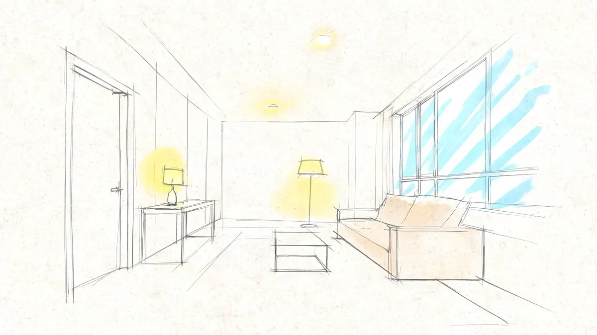 Uno schizzo artistico che mostra un design d'interni minimalista con divano, lampade e grandi finestre luminose.