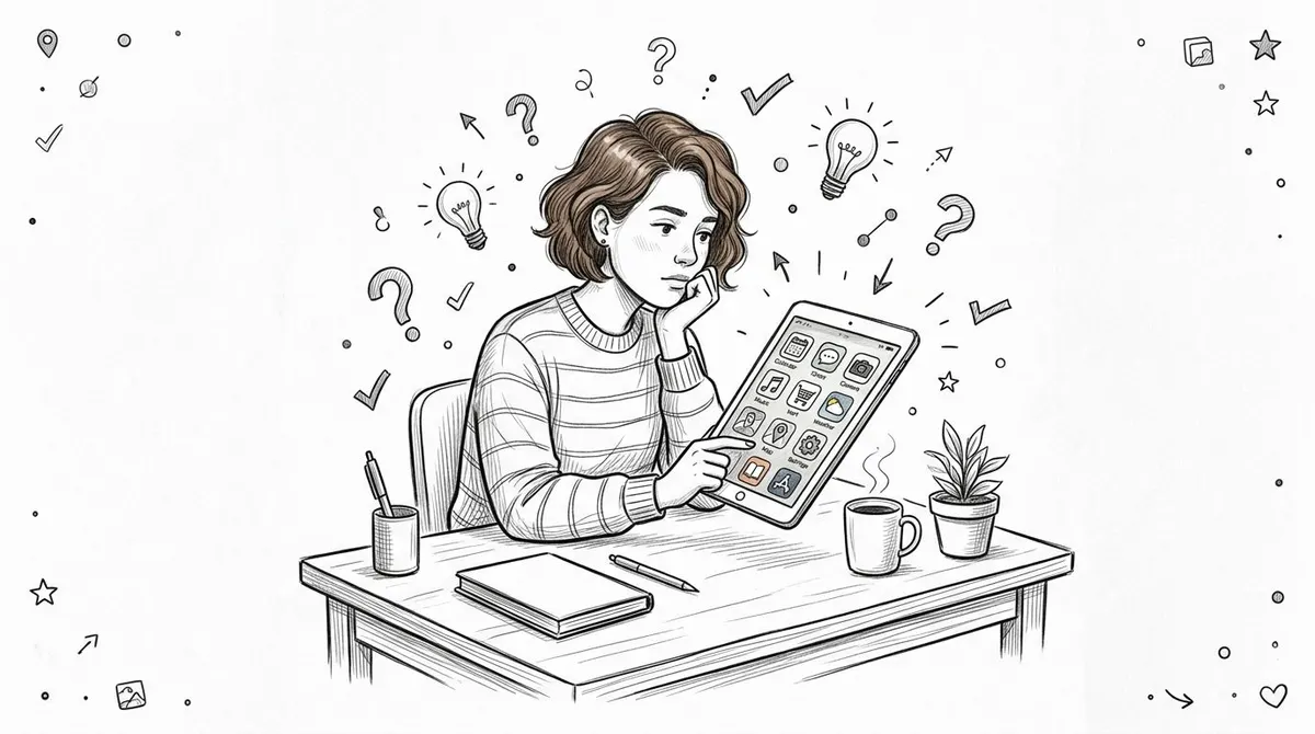 Una giovane donna pensa a idee creative mentre guarda le icone delle app sul suo tablet digitale.
