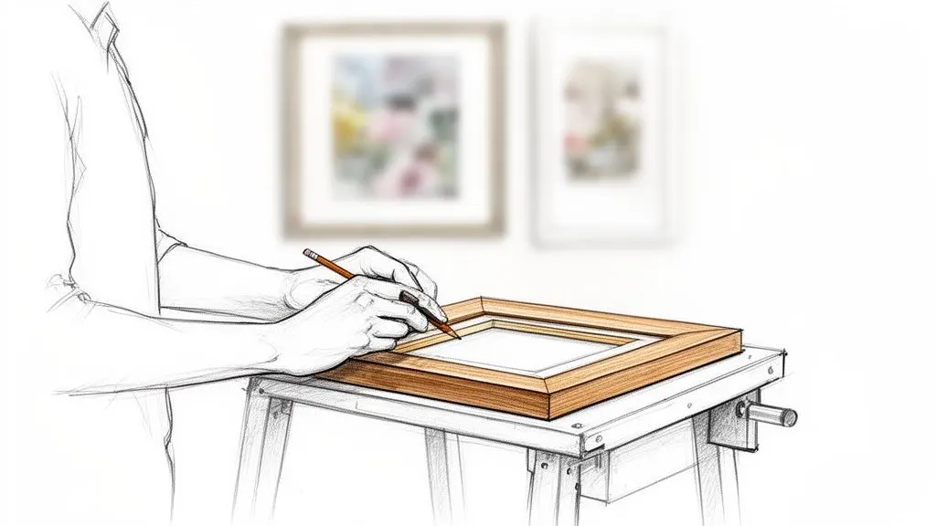 Illustrazione di mani che misurano con una matita una cornice di legno, su un tavolo da lavoro.
