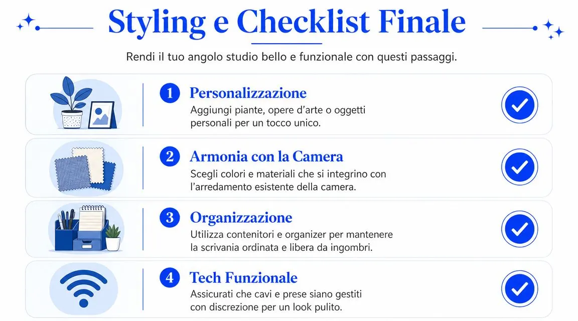 Una lista di controllo visiva con quattro consigli utili per organizzare e decorare il proprio angolo studio ideale.