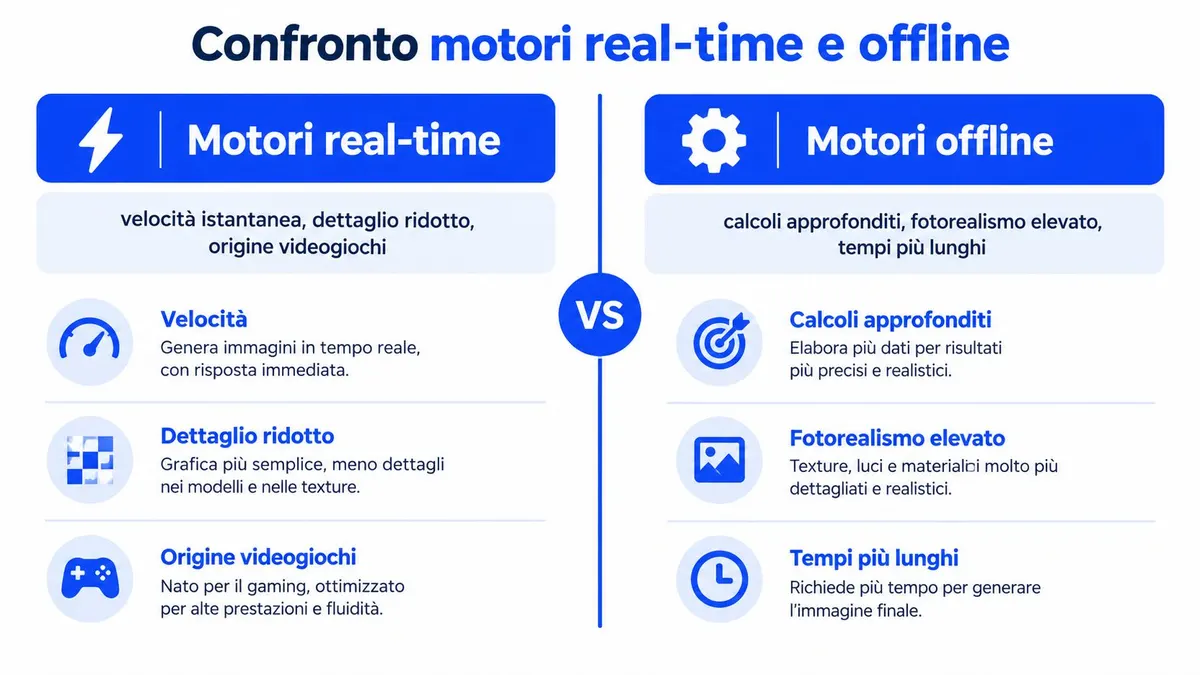 Confronto grafico tra le caratteristiche tecniche dei motori di rendering real-time e offline per la computer grafica.