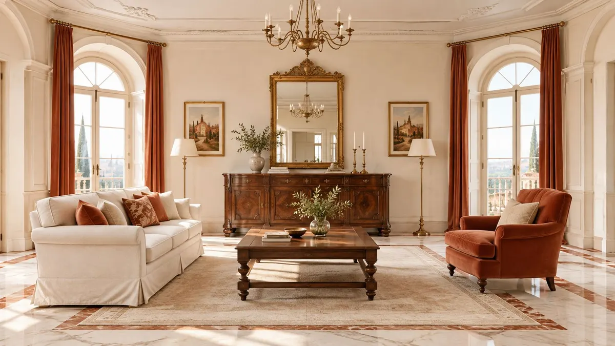 Un elegante salotto classico con divano beige, poltrona arancione, mobili in legno e ampie finestre luminose.
