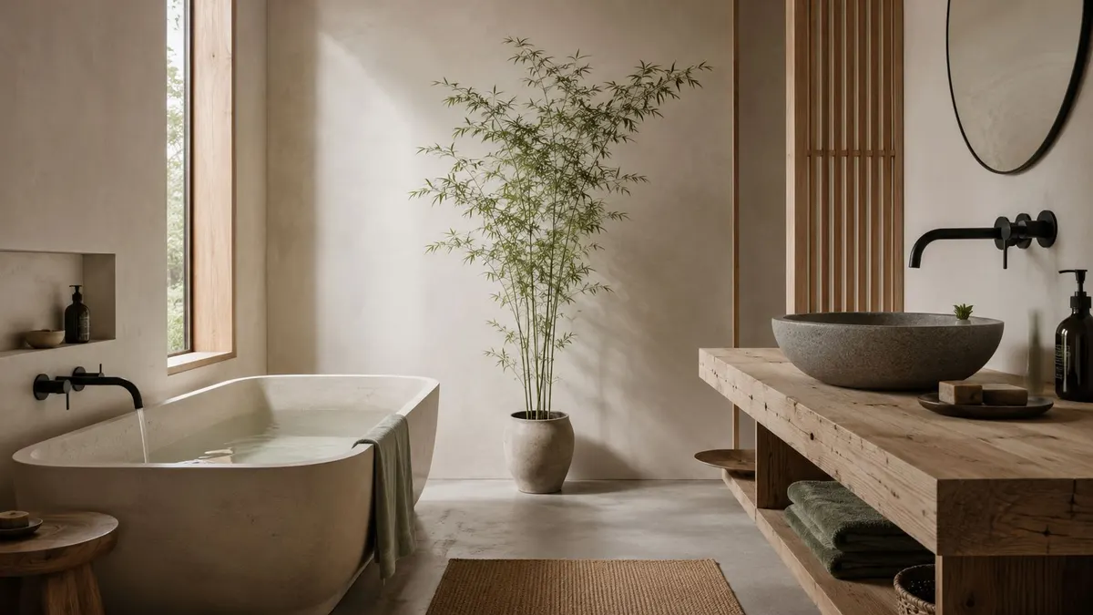 Un bagno in stile zen con vasca in pietra, lavabo a bacinella, piante e arredamento in legno naturale.
