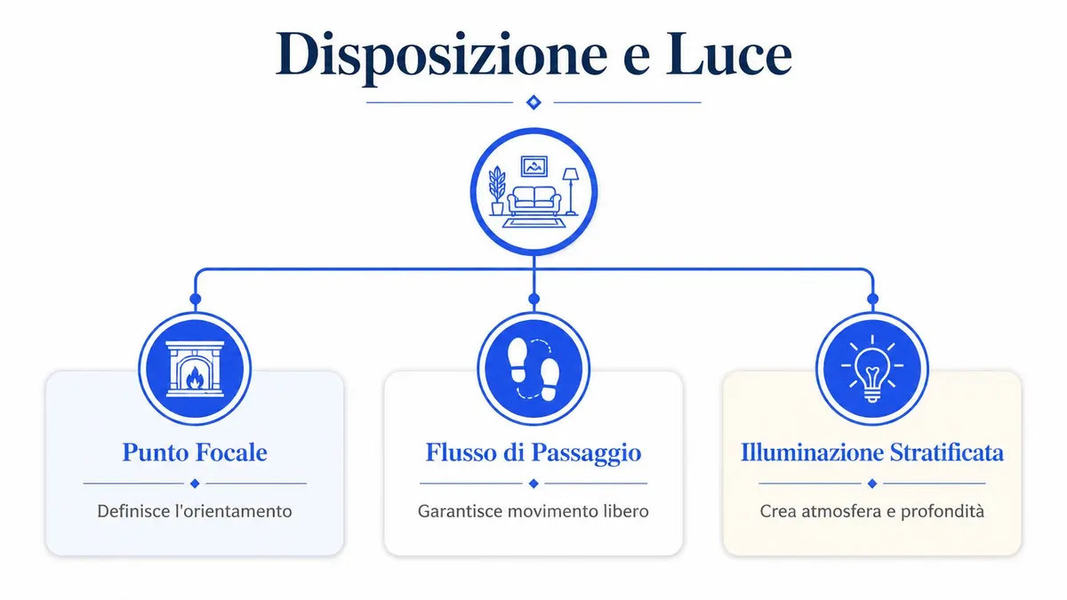 Diagramma infografico che illustra i tre pilastri fondamentali per l'arredamento: punto focale, flusso di passaggio e illuminazione.