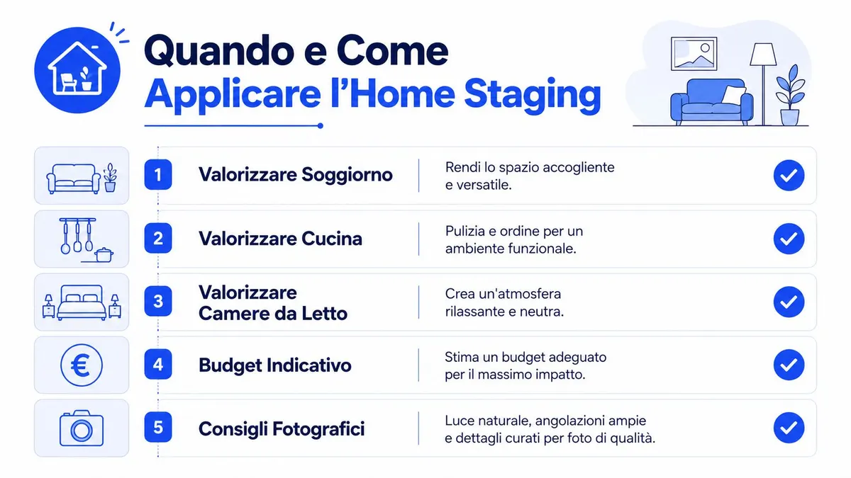 Infografica che illustra le fasi principali per applicare l'home staging in modo efficace in diversi ambienti domestici.