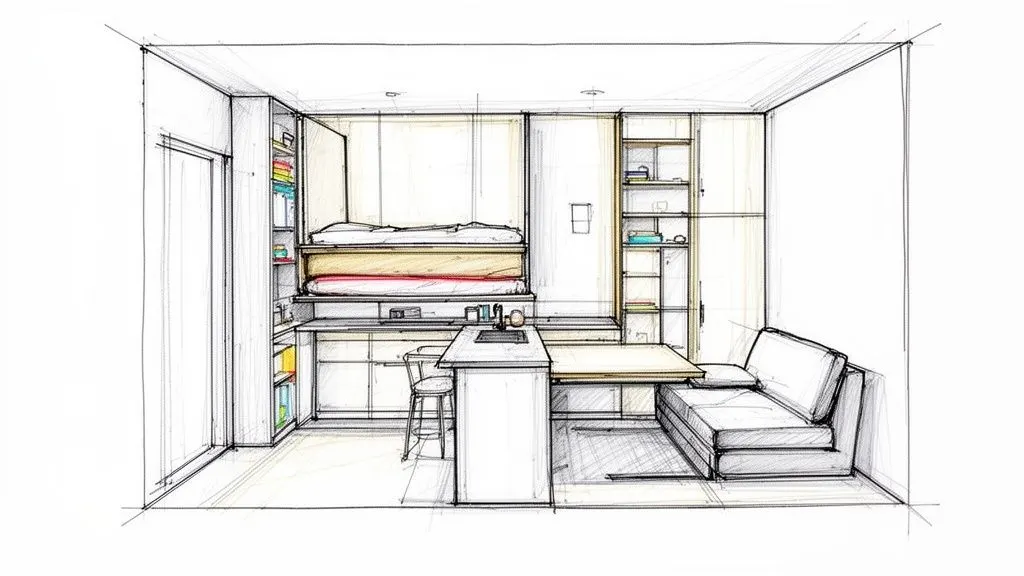 Schizzo architettonico di un monolocale compatto di 20 mq con zona giorno multifunzionale e letto a scomparsa.