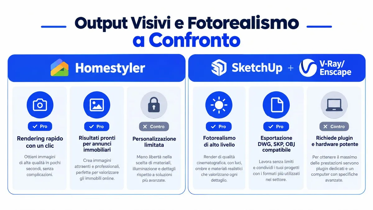 Confronto grafico tra le funzionalità di rendering di Homestyler e SketchUp con plugin V-Ray o Enscape.