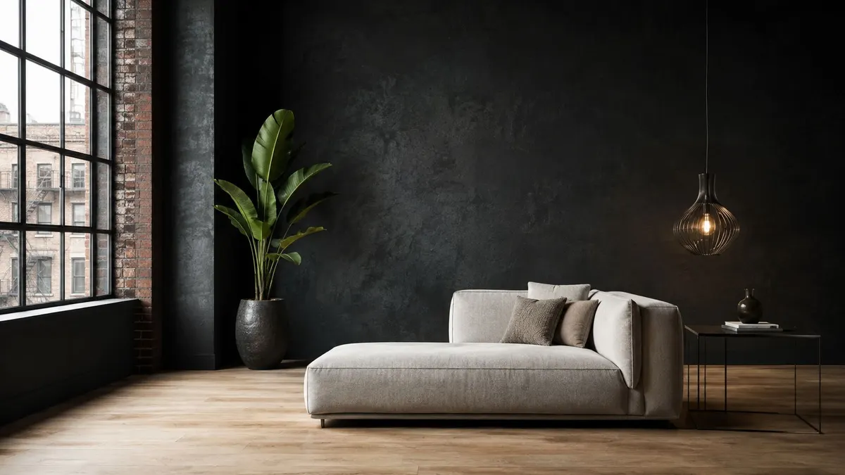 Soggiorno moderno con parete scura, divano chaise longue chiaro, pianta verde ed elegante illuminazione a sospensione.
