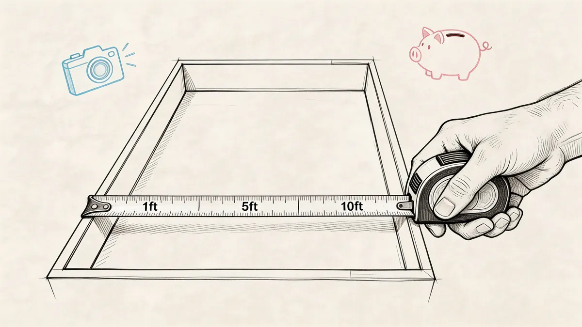 Una mano che utilizza un metro a nastro per misurare le dimensioni di un rettangolo vuoto disegnato.