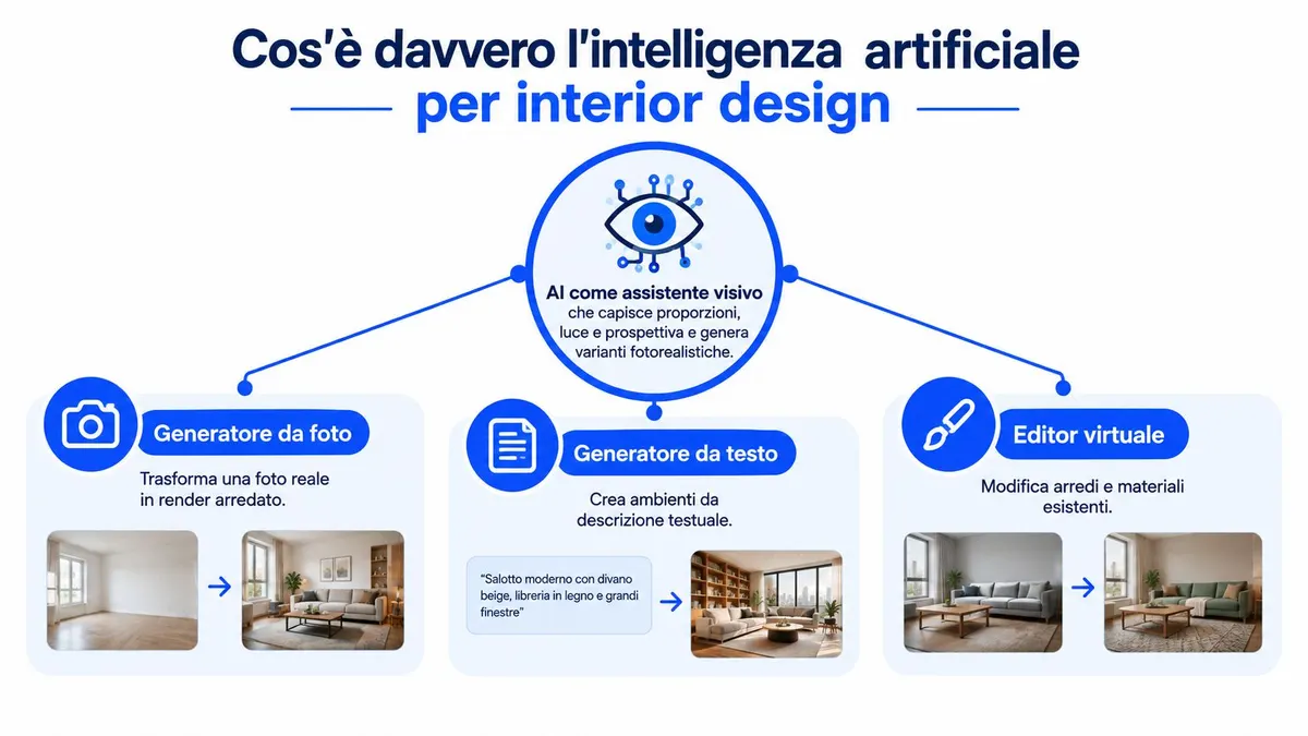 Un infografica che spiega come l'intelligenza artificiale supporta l'interior design con generatori di immagini e strumenti virtuali.