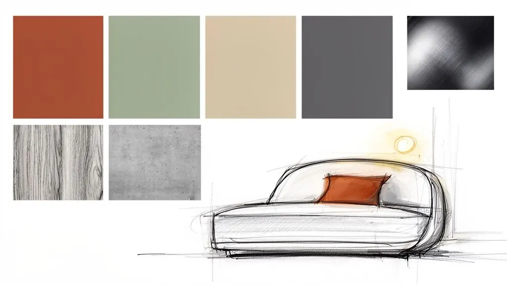 Mood board per interni moderni con colori, materiali (legno, cemento, metallo) e schizzo di divano.