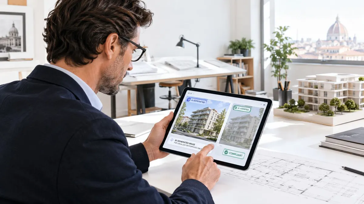 Un architetto esamina render di edifici su un tablet in un luminoso ufficio moderno con plastico architettonico.