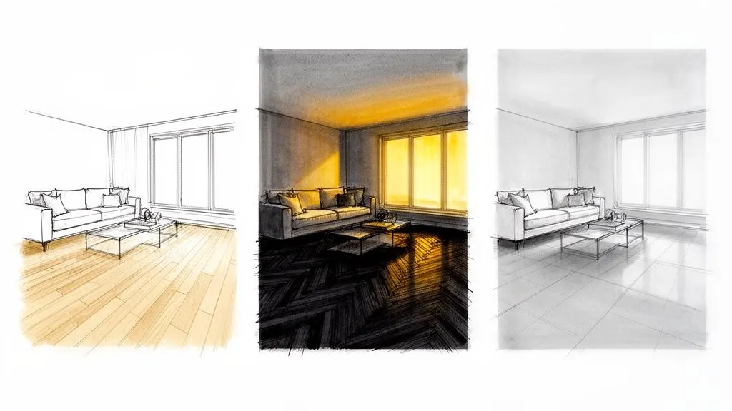 Tre disegni di interni di un soggiorno con diverse finiture di pavimentazione e illuminazione.