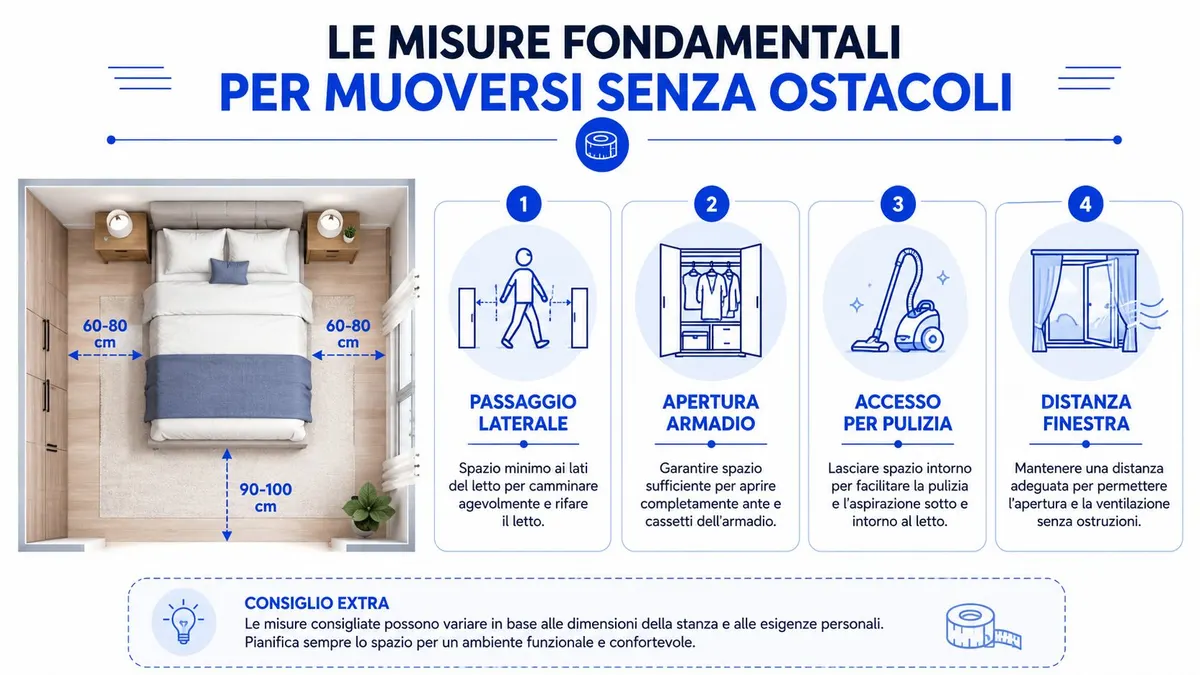 Infografica con consigli sulle distanze minime necessarie per posizionare correttamente il letto e muoversi agevolmente in camera.