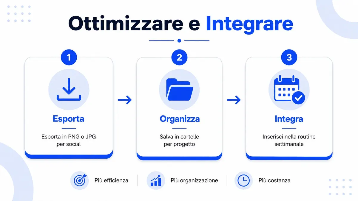 Infografica che mostra tre passaggi per ottimizzare e integrare contenuti digitali: esporta, organizza e integra.